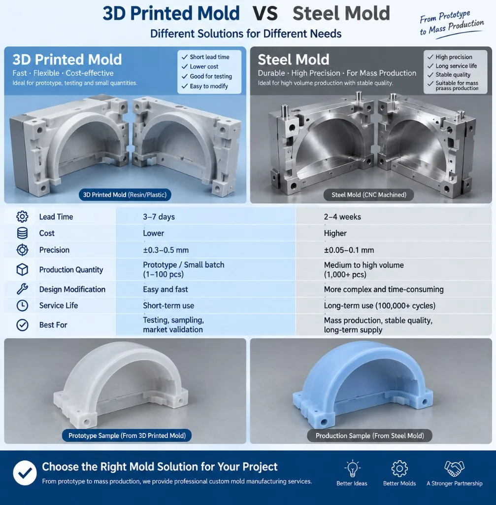 Diagram comparing a 3D-printed prototype tool with a CNC steel production tool