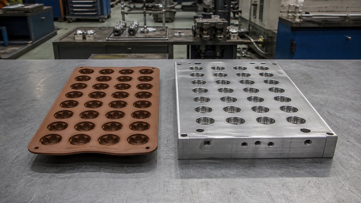 Soft silicone tray beside a matching metal cavity plate on a WYD bench