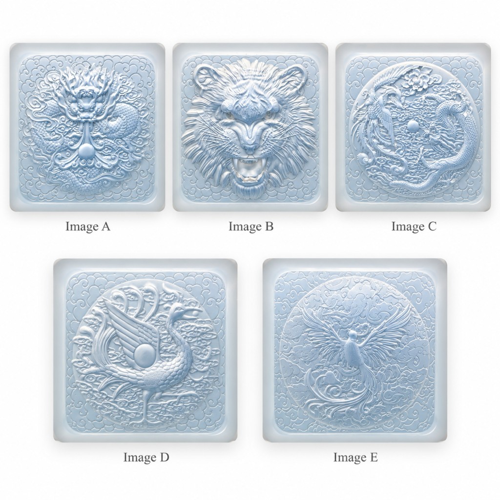 Five square gypsum reliefs: dragon, tiger, dragon and phoenix, crane, and phoenix