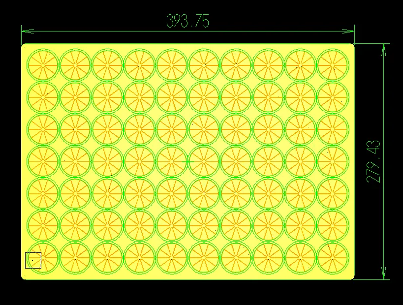 CAD cavity map of orange-slice gummy wells, envelope 393.75 by 279.43 mm