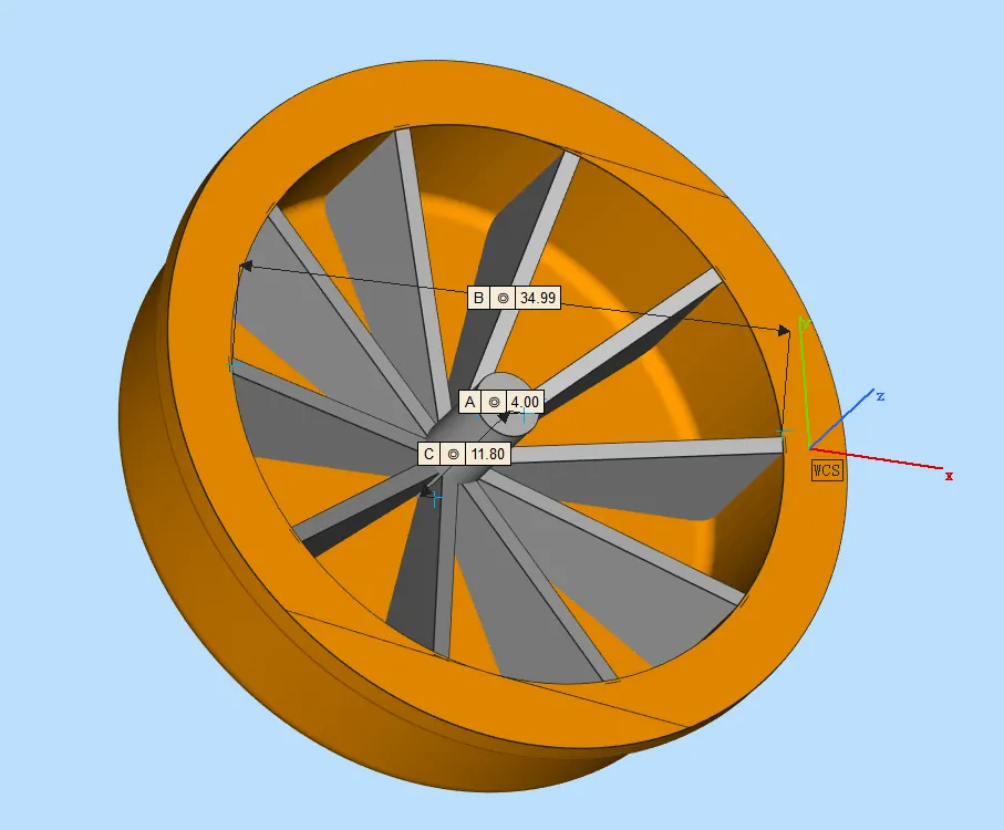 CAD section of one segmented gummy cavity with diameters 4.00, 11.80 and 34.99 mm