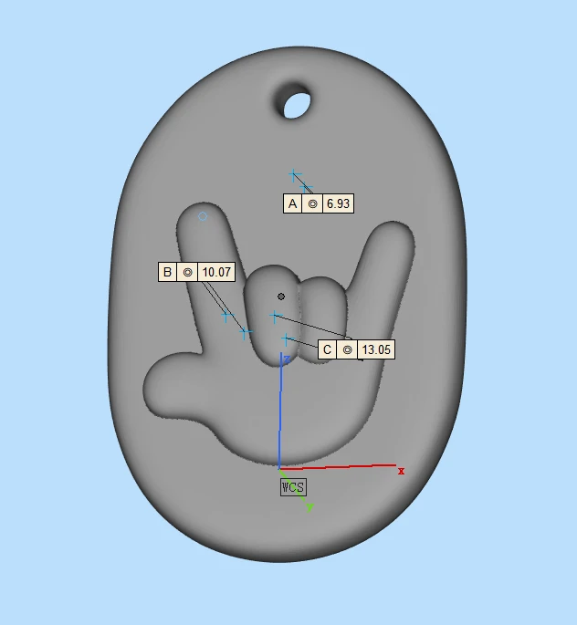 3D check of an oval ILY hand with labels A 6.93, B 10.07, and C 13.05