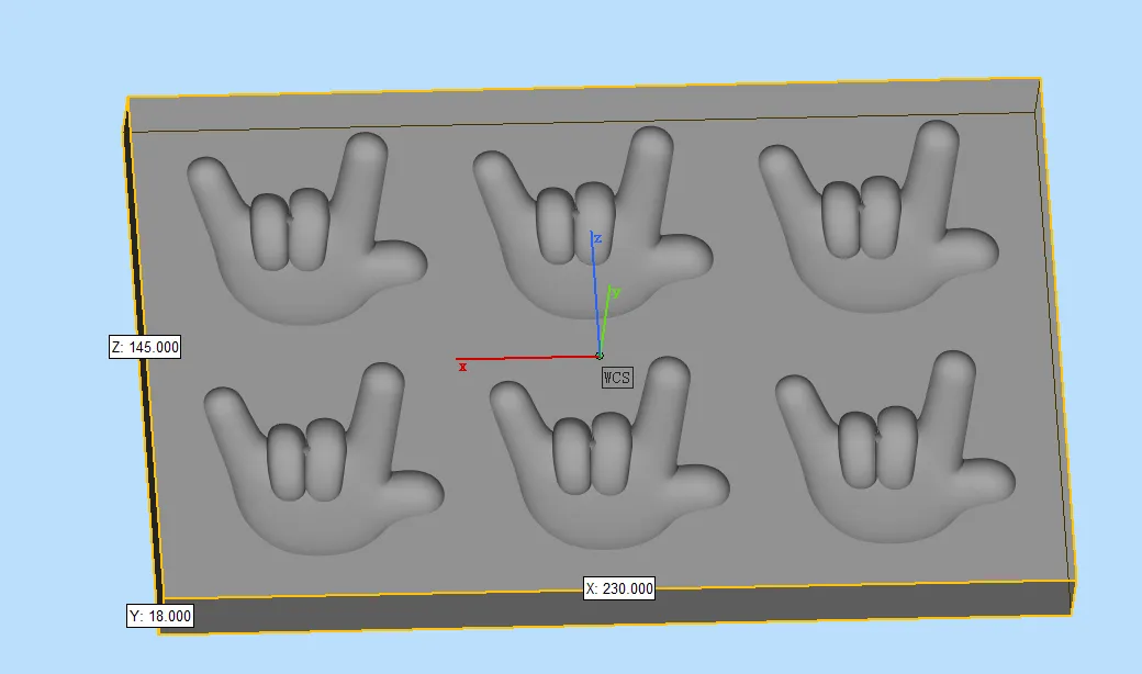 Six plain ILY hand cavities on a 230 by 145 by 18 mm block