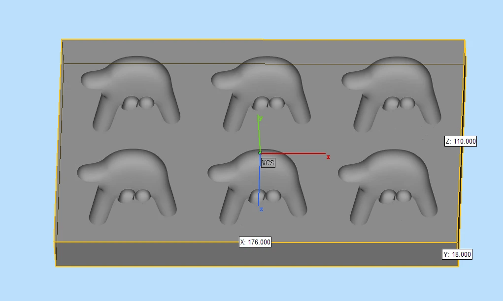Six ILY cavities seen from the back on a 176 by 110 by 18 mm block