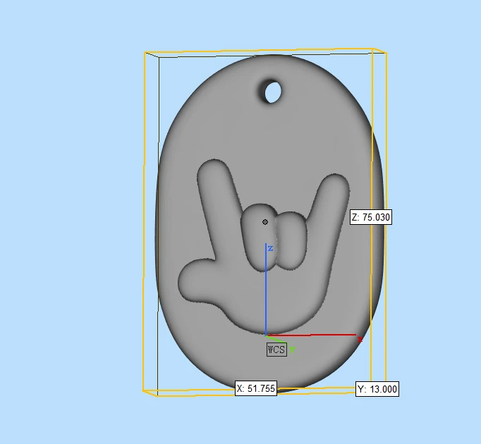 3D envelope of the oval ILY piece labeled 51.755 by 75.030 by 13 mm