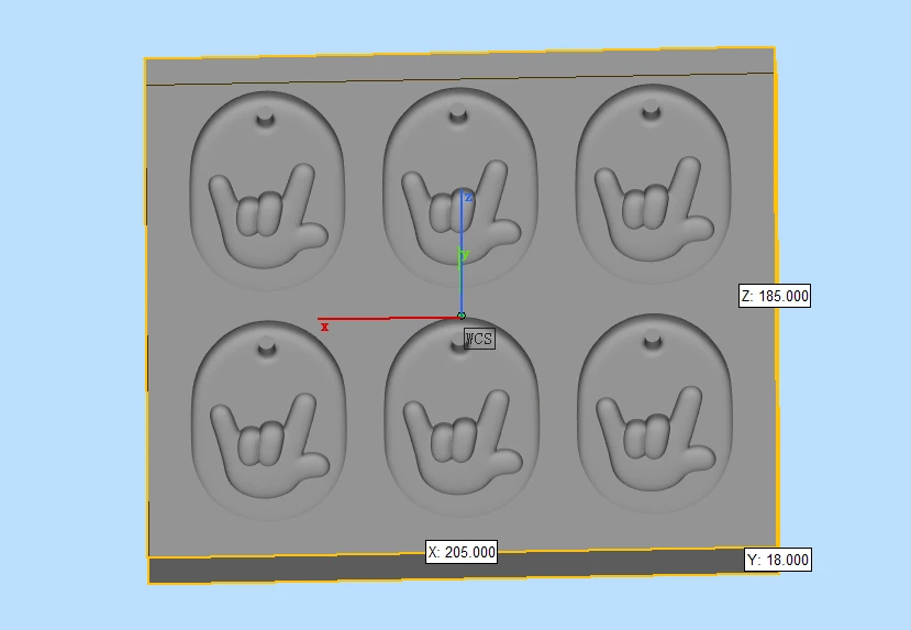 Six oval ILY cavities with hanging holes on a 205 by 185 by 18 mm block