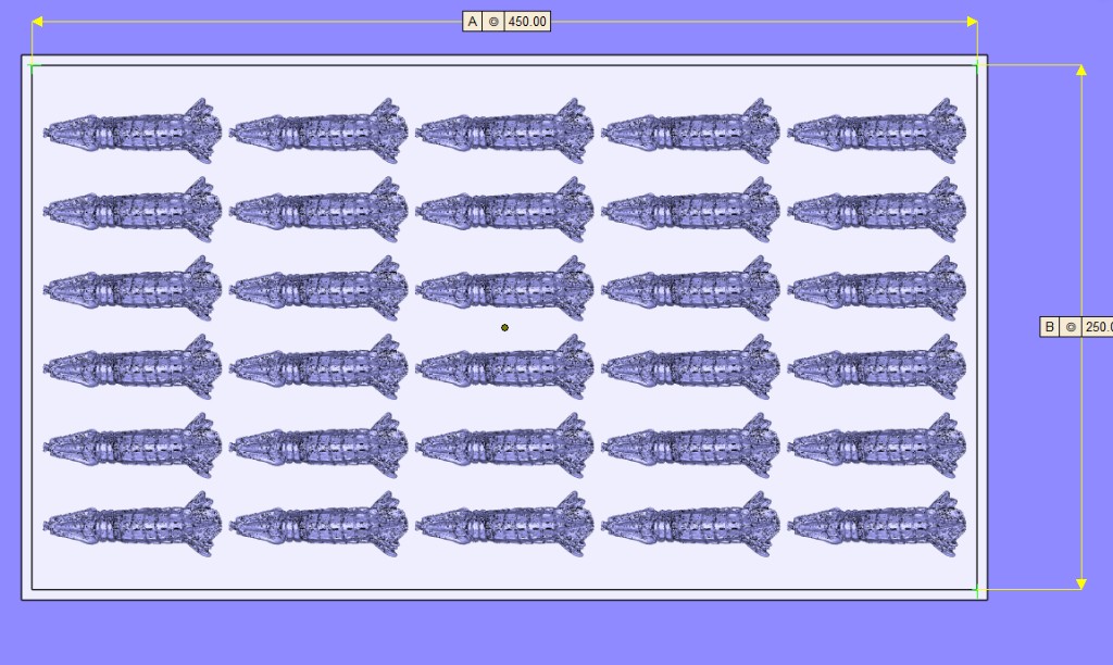 CAD nest of 30 shrimp cavities on 450 by 250 mm plate