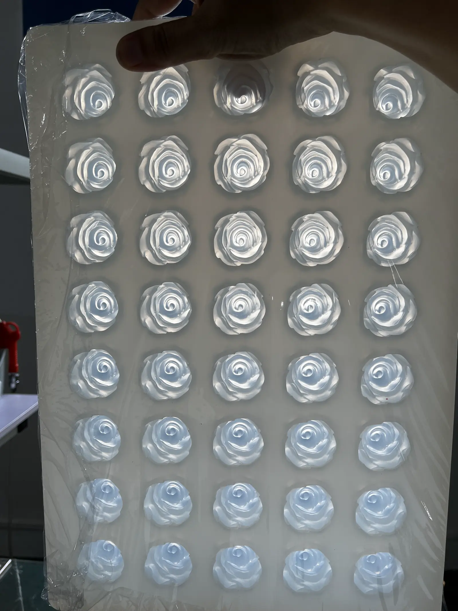 Translucent silicone tray of rose cavities held up to the light