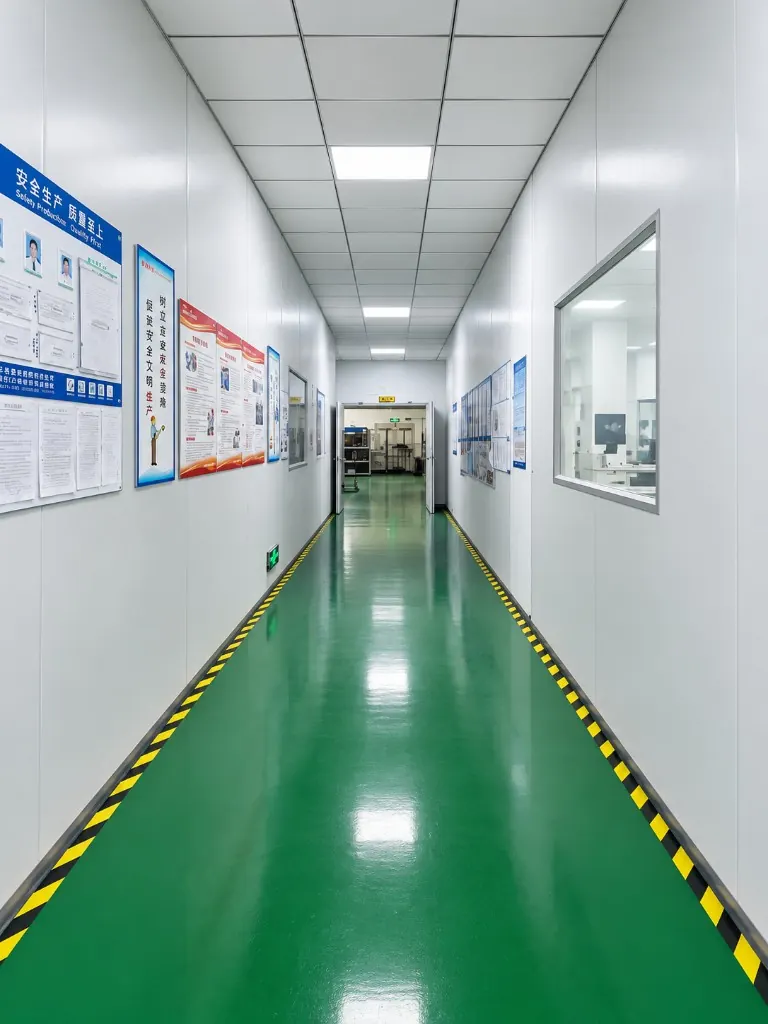Green-floor corridor into the WYD Bao'an production rooms