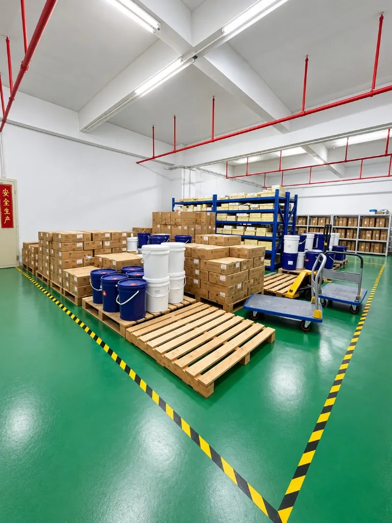 Cartons and silicone drums on pallets in the WYD Bao'an warehouse
